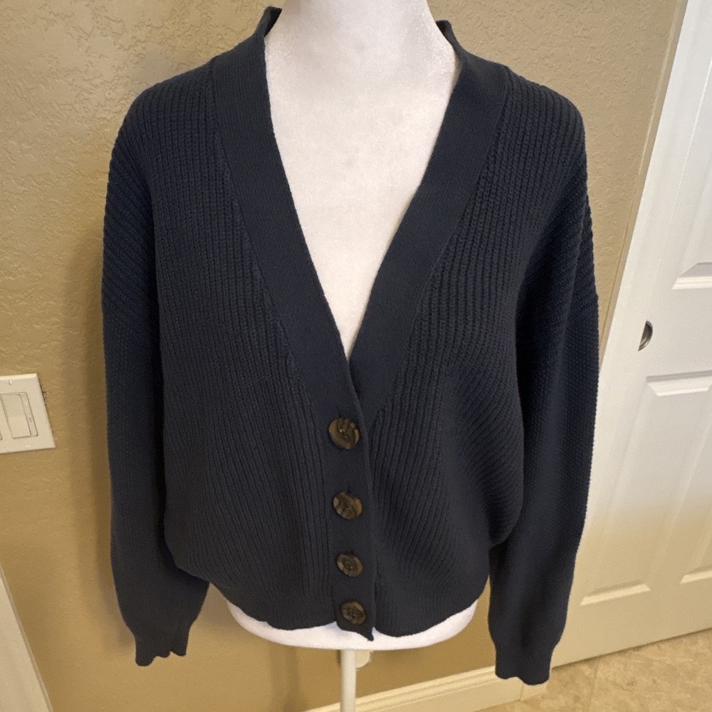 LC Lauren Conrad Womens Black Rib-Knit V-Neck Button Front Cardigan, PL
